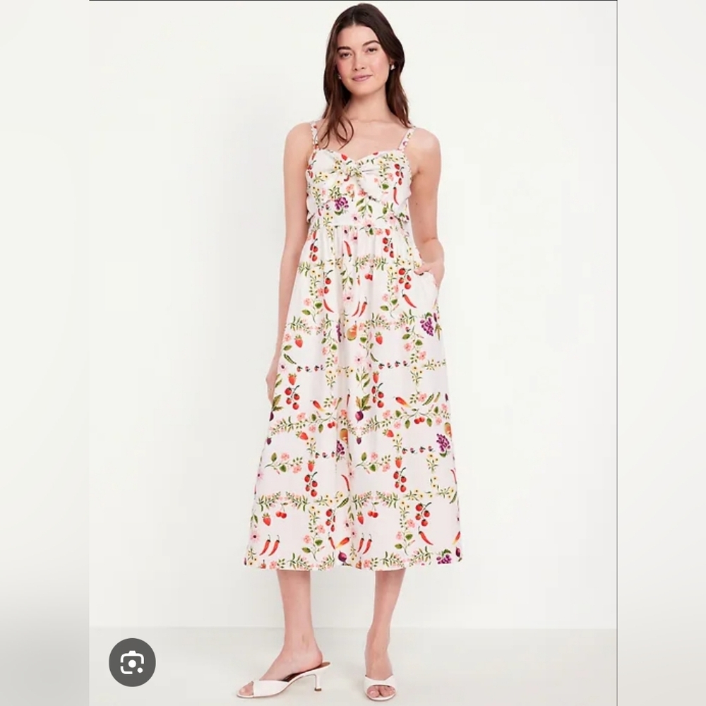 NWT Fruit Floral Print Fit & Flare Sleeveless Seersucker Midi Dress Size Small